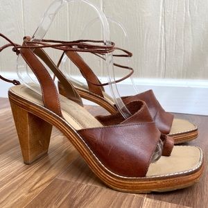 Vintage Square Toe Leather Wooden Chunky Heel Lace Up Ankle Platform Sandals